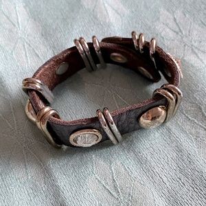 KING STAR Brown Leather Bracelet Gold Studs Amber Rhinestones Snap Closure